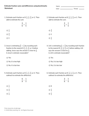 Estimate fraction sums and differences using benchmarks worksheet preview