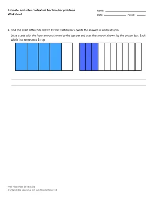 Estimate and solve contextual fraction-bar problems worksheet preview