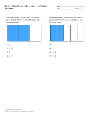 Identify a fraction from a model as a sum of unit fractions worksheet preview