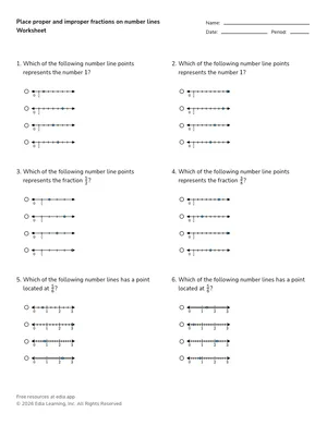 Place proper and improper fractions on number lines worksheet preview