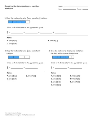 Record fraction decompositions as equations worksheet preview
