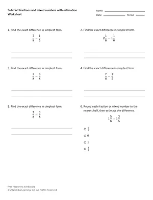Subtract fractions and mixed numbers with estimation worksheet preview