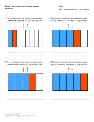 Subtract fractions with static visual models worksheet preview