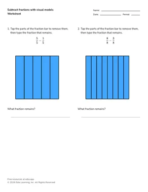Subtract fractions with visual models worksheet preview