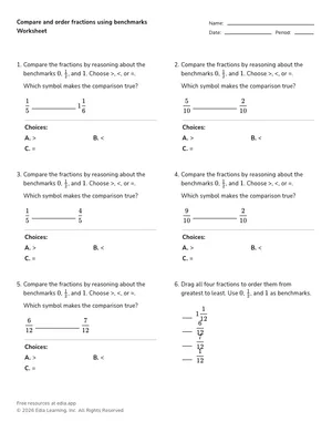 Compare and order fractions using benchmarks worksheet preview