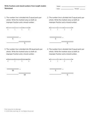 Write fractions and mixed numbers from length models worksheet preview