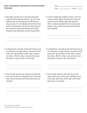 Solve word problems with fractions and mixed numbers worksheet preview