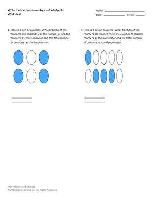 Write the fraction shown by a set of objects worksheet preview
