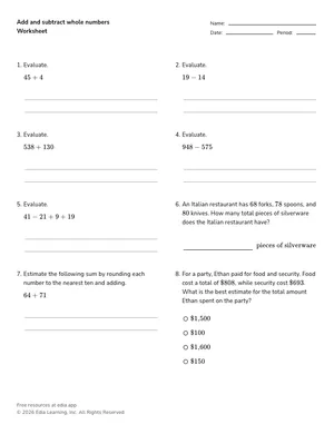 Add and subtract whole numbers worksheet preview