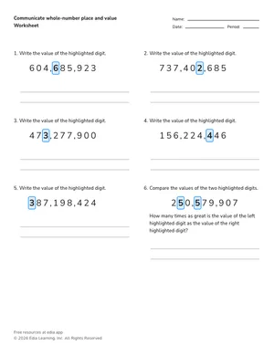 Communicate whole-number place and value worksheet preview