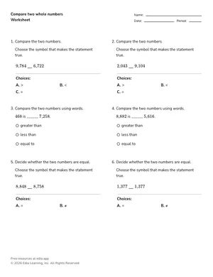 Compare two whole numbers worksheet preview