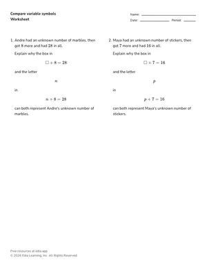 Compare variable symbols worksheet preview