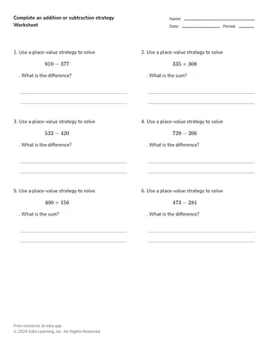 Complete an addition or subtraction strategy worksheet preview