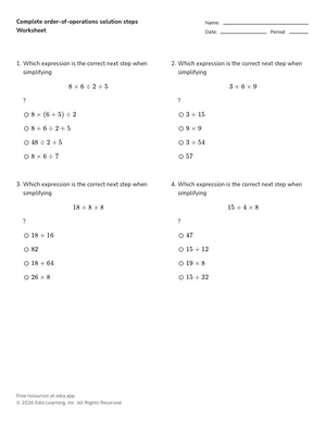 Complete order-of-operations solution steps worksheet preview