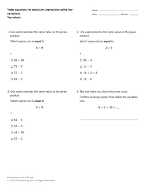 Write equations for equivalent expressions using four operations worksheet preview