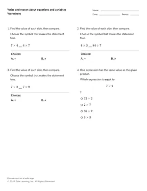 Write and reason about equations and variables worksheet preview