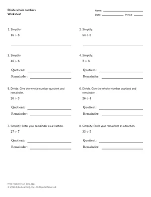 Divide whole numbers worksheet preview