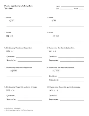 Division algorithm for whole numbers worksheet preview