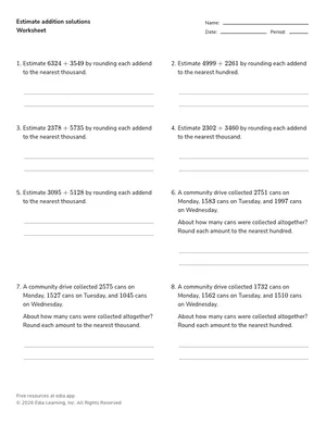 Estimate addition solutions worksheet preview