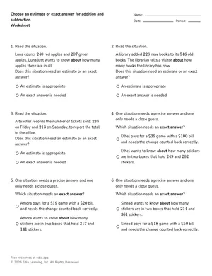 Choose an estimate or exact answer for addition and subtraction worksheet preview