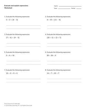 Evaluate and explain expressions worksheet preview