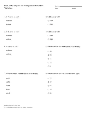 Read, write, compare, and decompose whole numbers worksheet preview