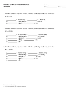 Expanded notation for large whole numbers worksheet preview