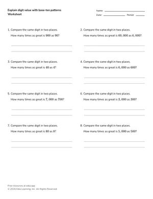 Explain digit value with base-ten patterns worksheet preview