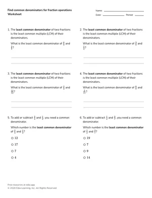 Find common denominators for fraction operations worksheet preview
