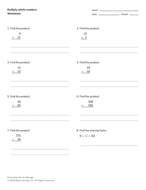 Multiply multi-digit whole numbers worksheet preview