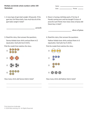 Multiply and divide whole numbers within 100 worksheet preview