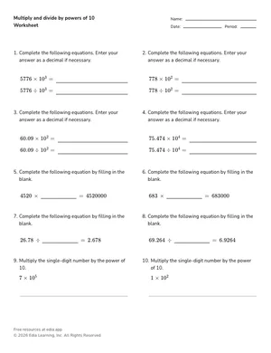 Multiply and divide by powers of 10 worksheet preview