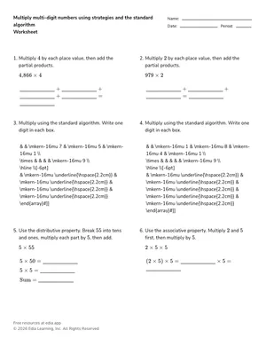 Multiply multi-digit numbers using strategies and the standard algorithm worksheet preview