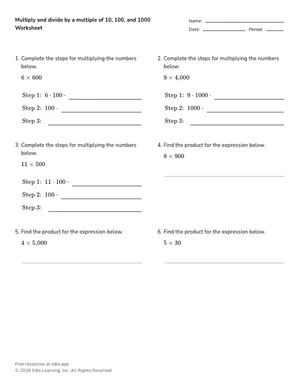 Multiply whole numbers by multiples of 10, 100, and 1000 worksheet preview