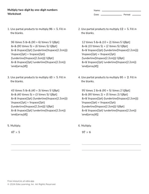 Multiply two-digit by one-digit numbers worksheet preview