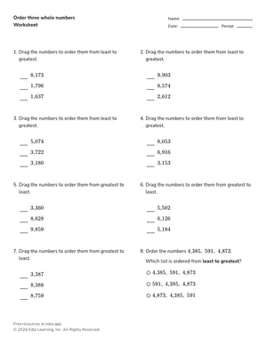 Order three whole numbers worksheet preview