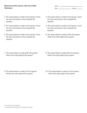 Represent perfect squares with area models worksheet preview