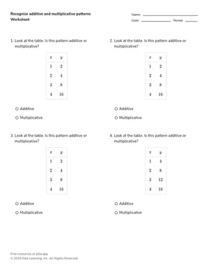 Recognize additive and multiplicative patterns worksheet preview