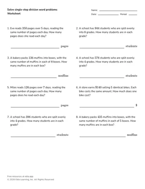 Solve single-step division word problems worksheet preview