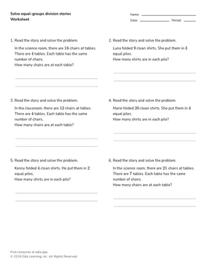 Solve equal-groups division stories worksheet preview