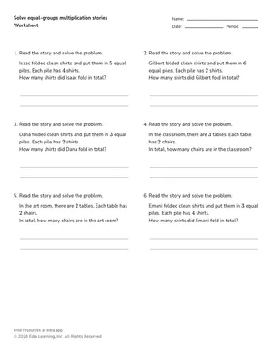 Solve equal-groups multiplication stories worksheet preview