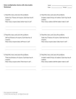Solve multiplication stories with strip models worksheet preview