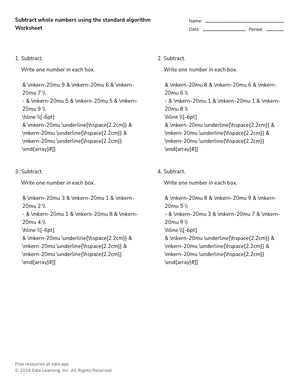 Subtract whole numbers using the standard algorithm worksheet preview