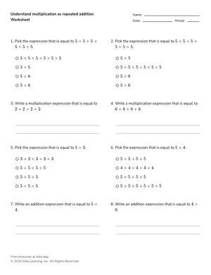 Understand multiplication as repeated addition worksheet preview