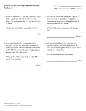 Evaluate volume of rectangular prisms in context worksheet preview