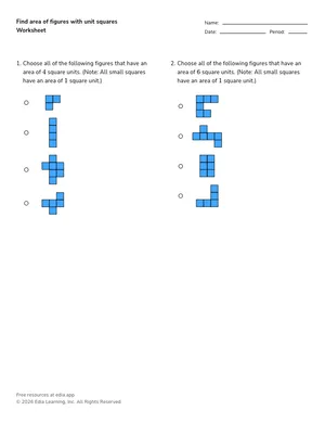 Find area of figures with unit squares worksheet preview