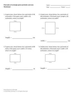 Find sides of rectangle given perimeter and area worksheet preview