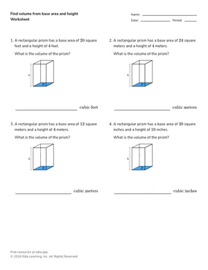 Find volume from base area and height worksheet preview