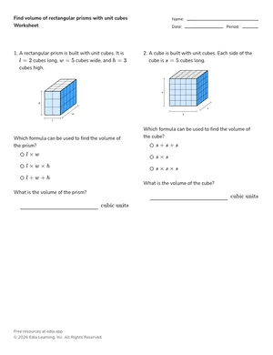Find volume of rectangular prisms with unit cubes worksheet preview