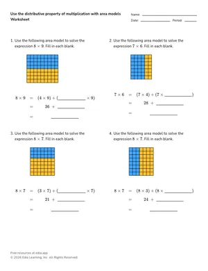 Use the distributive property of multiplication with area models worksheet preview
